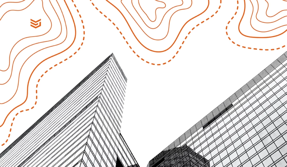 Two modern skyscrapers viewed from below