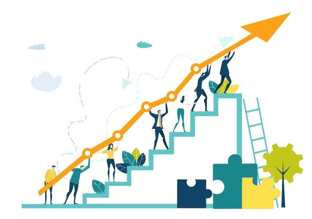 People climbing up stairs with an upward pointing arrow