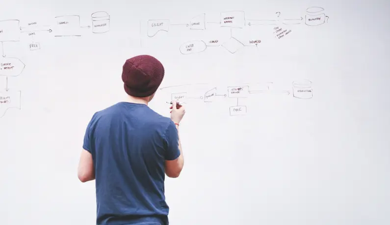 Man drawing a flow chart on the whiteboard